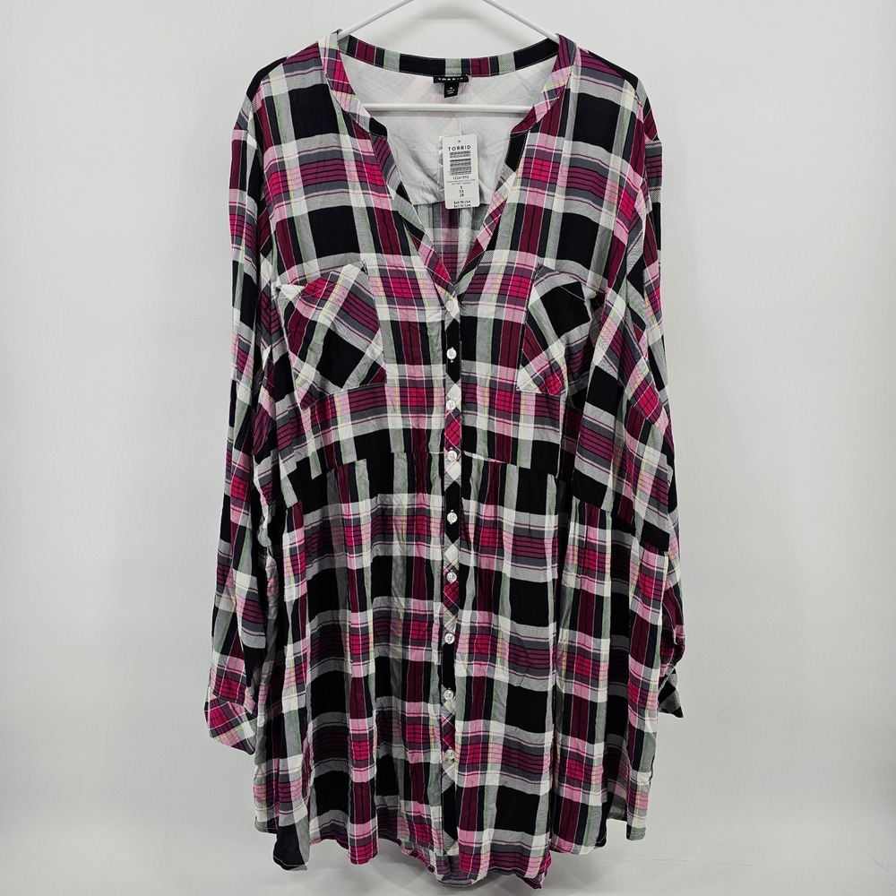 Torrid Emma Pinky Plaid Tunic 5X 28 Pink Black White Babydoll Button Front NWT